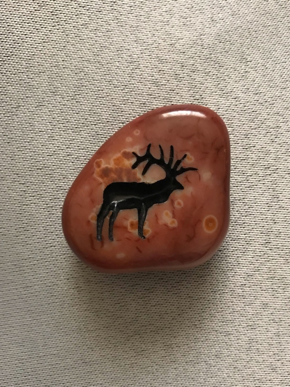 Hand-Painted Orange Agate Talisman Art with Elk Motif
